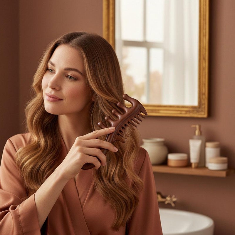 Wooden Scalp Massage Comb 2 in 1 - Wide & Fine Tooth Sandalwood Comb for Hair Growth, Gua Sha, Stress Relief & Styling, Natural Hair Scalp Massager Tool - Image 2